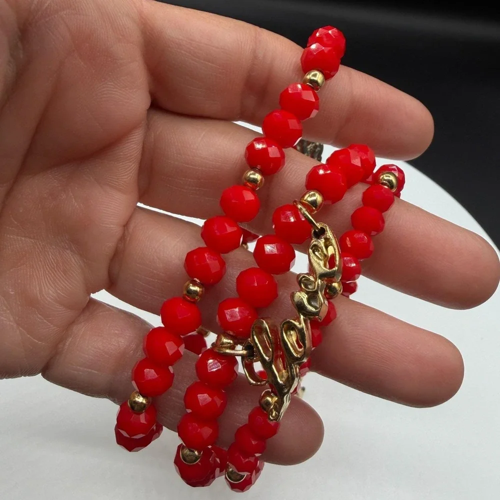 3 Pcs Red Faceted Bead Wrap Bracelet Gold Tone Winged Heart Love Tree Charm Gift